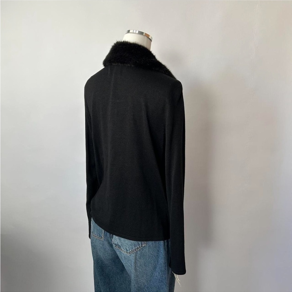Vintage Y2K Grunge Norton McNaughton Black 100% Silk with Faux Fur Trim Cardigan - Picture 4 of 8